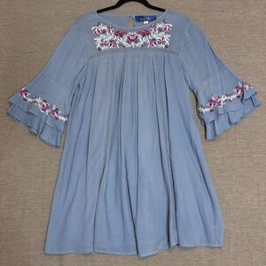 Blue Affair Embroidered Bell Sleeve Ruffle Dress Women's Size S